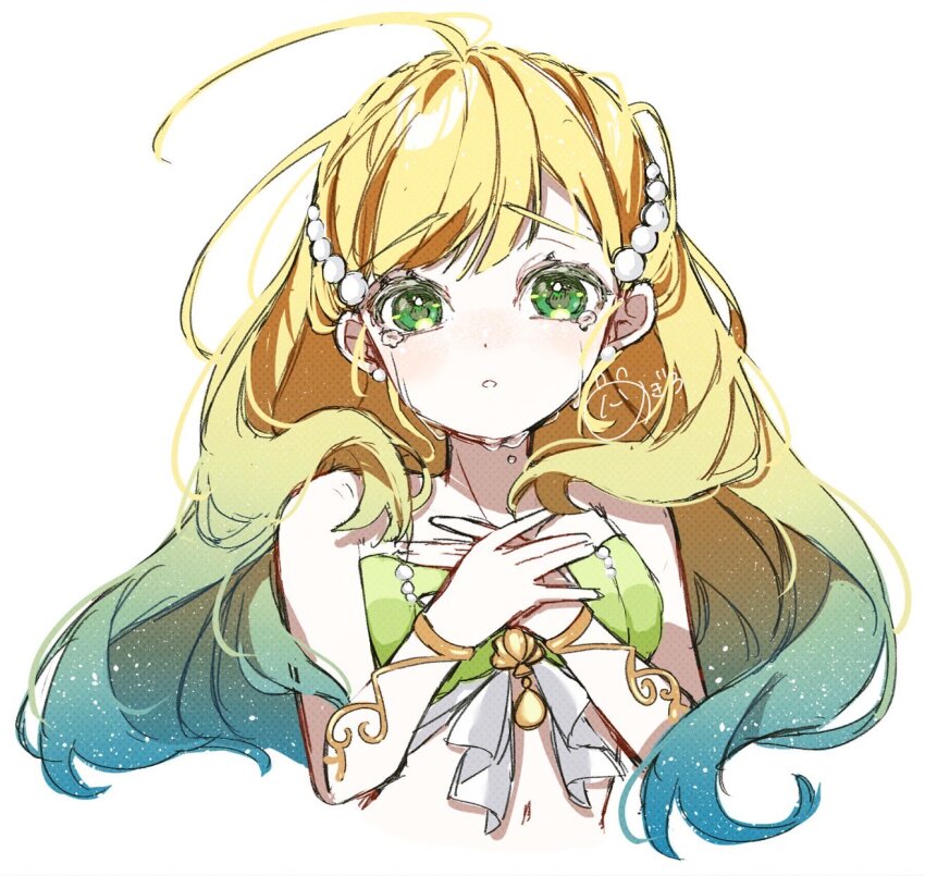 1girl, ahoge, bare_shoulders, blonde_hair, bracelet, cropped_torso, crying, crying_with_eyes_open