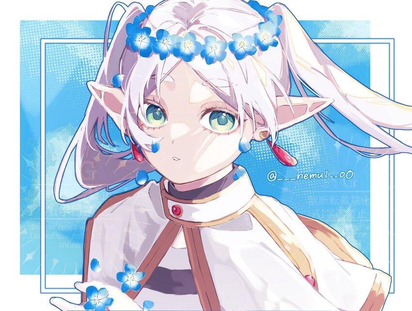 1girl, aqua_eyes, blue_background, earrings, elf, facial_mark, flower, frieren, hair_flower, hair_ornament, head_wreath, highres, jewelry, long_hair, looking_at_viewer, nogiro_(usa_ru), parted_lips, pointy_ears, see-through_clothes, solo, sousou_no_frieren, twintails, upper_body, white_flower, white_hair
