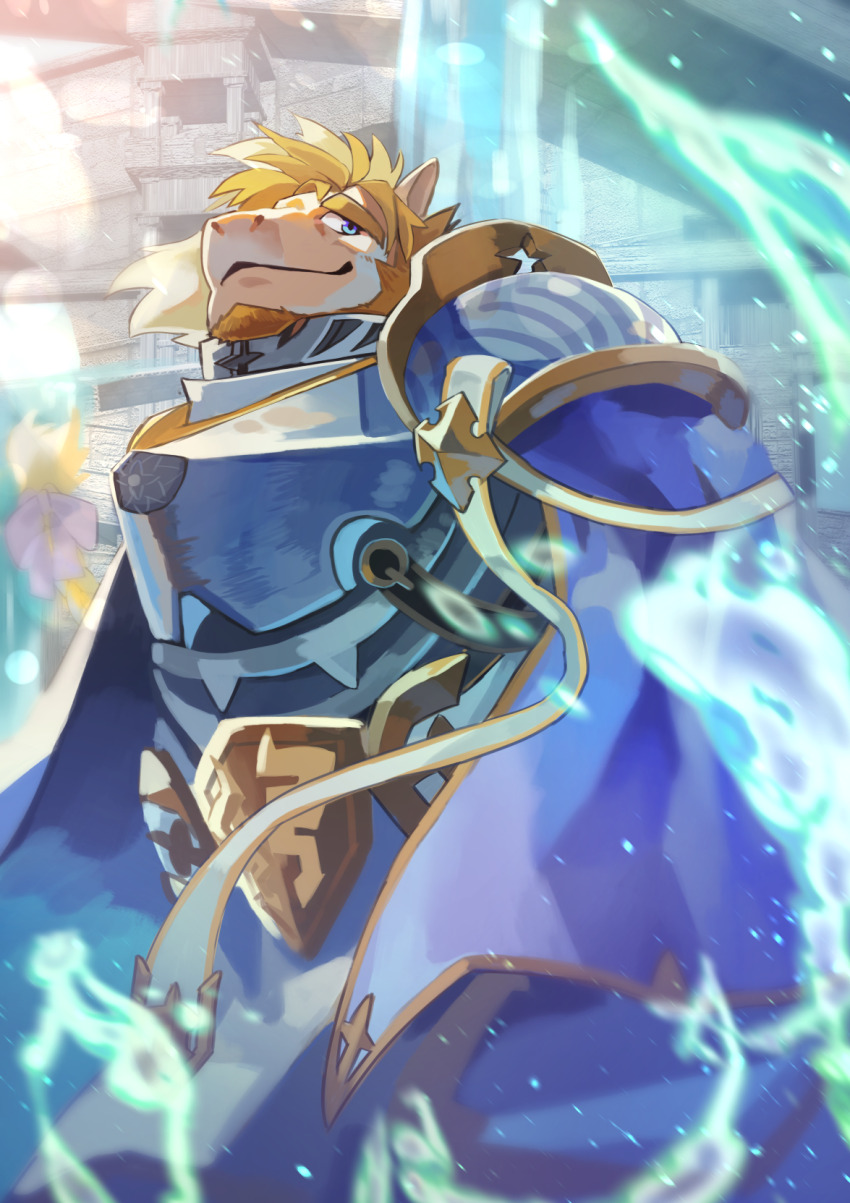 1boy, animal_ears, another_eidos-r, armor, cape, closed_mouth, commentary_request, equus_(another_eidos), from_below, furry, furry_male, highres, horse_boy, horse_ears, kukku_kuu, looking_to_the_side, male_focus, mane, purple_cape, smile, water