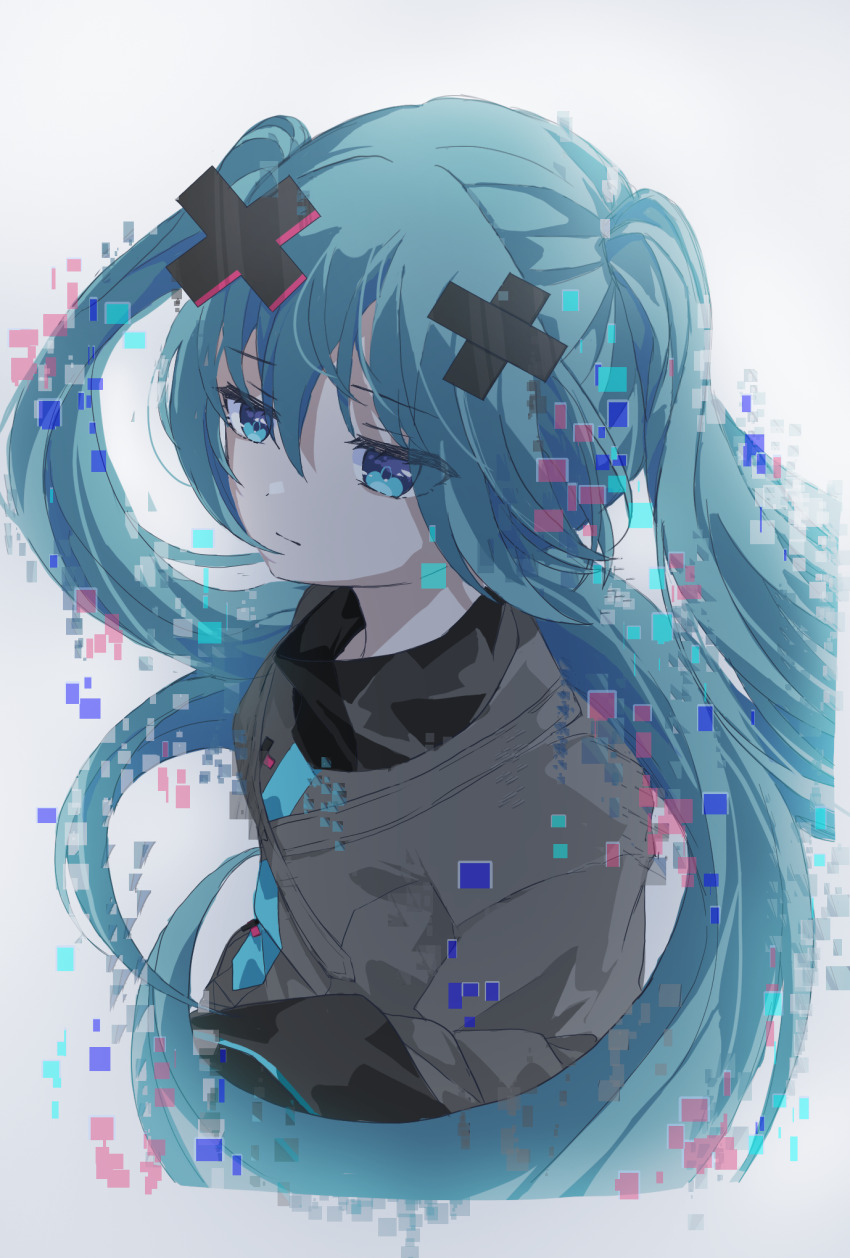 1girl, aqua_eyes, aqua_hair, batsu_miku, closed_mouth, grey_jacket, hair_between_eyes, hair_ornament, hatsune_miku, highres, jacket, kowareta_sekai_to_utaenai_miku, long_hair, long_sleeves, project_sekai, segirirein, simple_background, solo, turtleneck, turtleneck_jacket, twintails, very_long_hair, vocaloid, x_hair_ornament