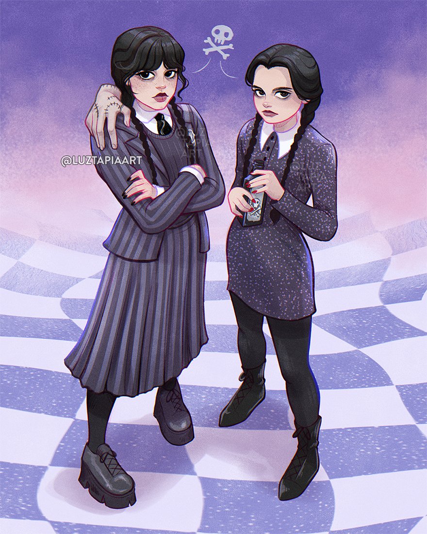 2girls, the_addams_family, artist_name, black_boots, black_dress, black_eyes, black_hair, black_jacket
