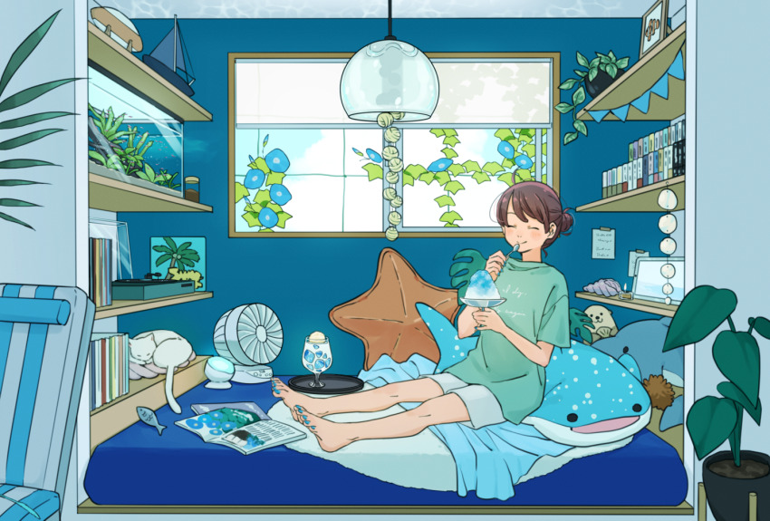 1girl, ^_^, barefoot, bed, blanket, blue_nails, blue_sky, blush