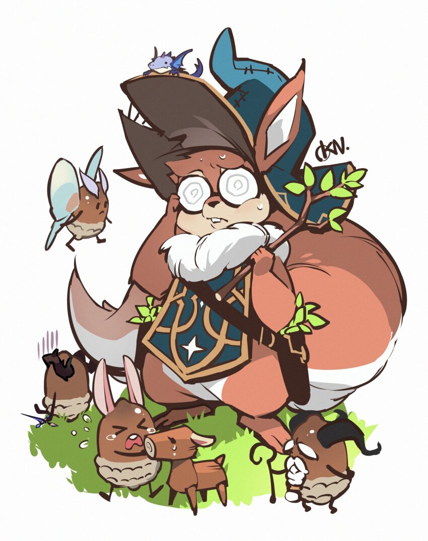 1girl, afk_(series), afk_arena, animal_ears, artist_name, barefoot, buck_teeth, closed_mouth, commentary_request, furry, furry_female, grass, highres, holding, holding_stick, okn_369, on_ground, pippa_(afk), round_eyewear, squirrel_ears, squirrel_girl, squirrel_tail, stick, sweat, tail, teeth, white_background