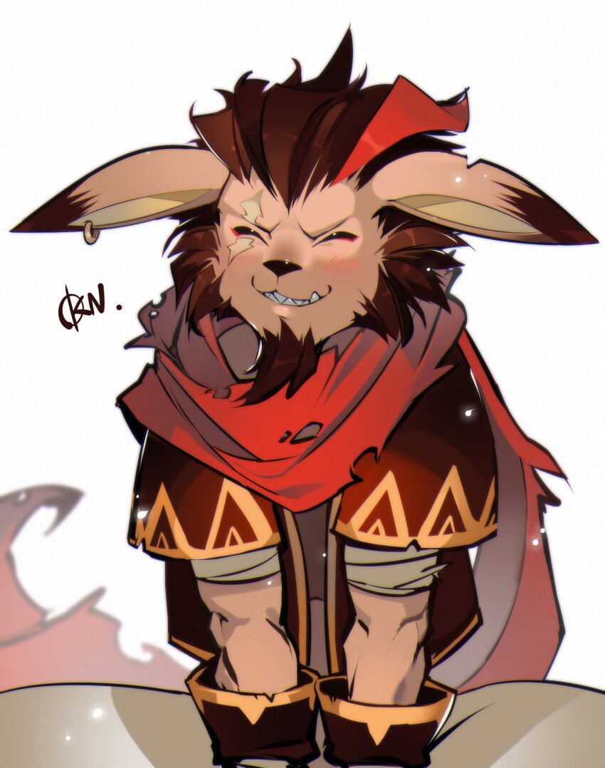 1boy, absurdres, afk_(series), afk_arena, animal_ears, blush, closed_eyes, earrings, facial_hair, fangs, furry, furry_male, goatee, highres, jewelry, khasos_(afk), male_focus, okn_369, red_scarf, scar, scar_across_eye, scar_on_face, scarf, single_earring, sitting, smile, white_background