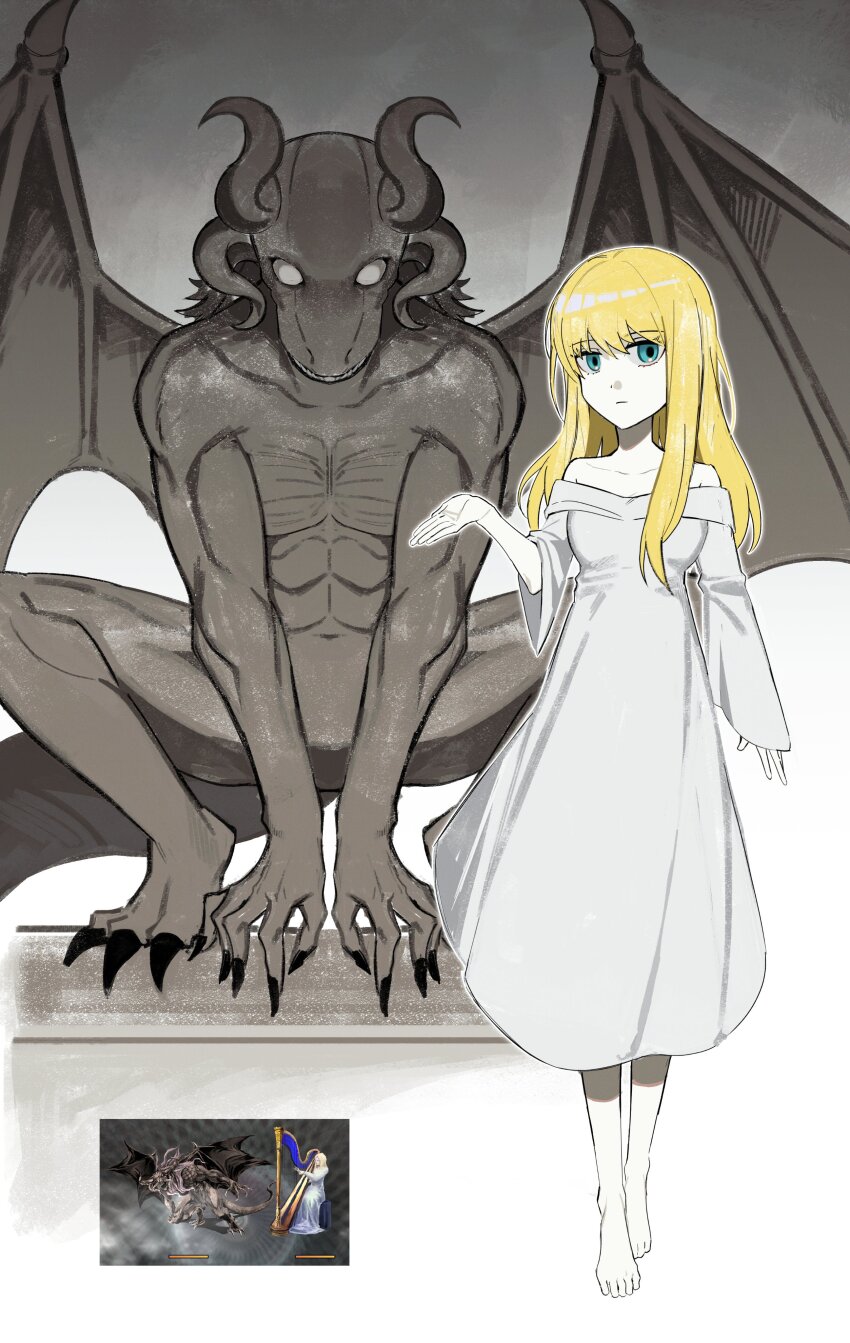 1boy, 1girl, absurdres, asdf1211950, barefoot, beast_adam_(black_souls), beauty_la_belle_(black_souls), black_souls, blonde_hair, blue_eyes, closed_mouth, dress, full_body, gargoyle, hand_up, highres, long_sleeves, looking_at_viewer, monster, off-shoulder_dress, off_shoulder, walking, white_dress