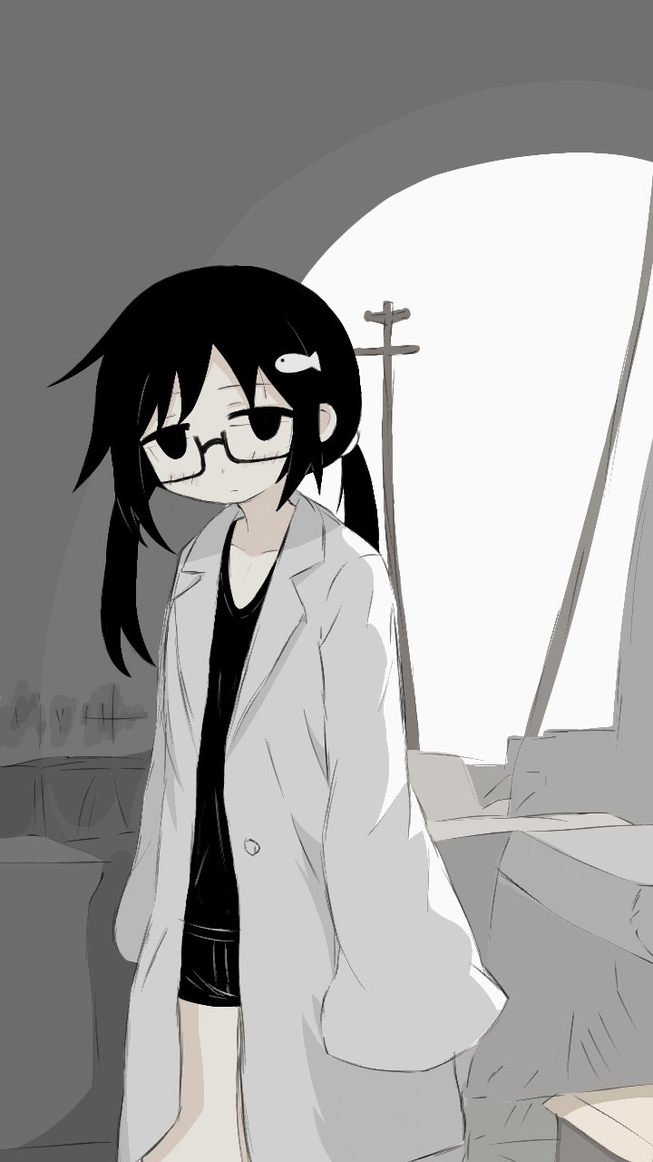 black_eyes, black_hair, black_shirt, blush, collarbone, fish_hair_ornament, fish_hairpin, glasses