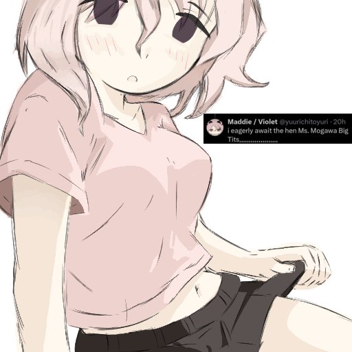 1girl, black_skirt, blush, breasts, clothes_lift, collarbone, crop_top, h3n_sw, hair_between_eyes, large_breasts, looking_at_viewer, mogawa_(shimeji_simulation), navel, pink_hair, pink_shirt, purple_eyes, shimeji_simulation, shirt, short_sleeves, skirt, skirt_lift, solo, tweet