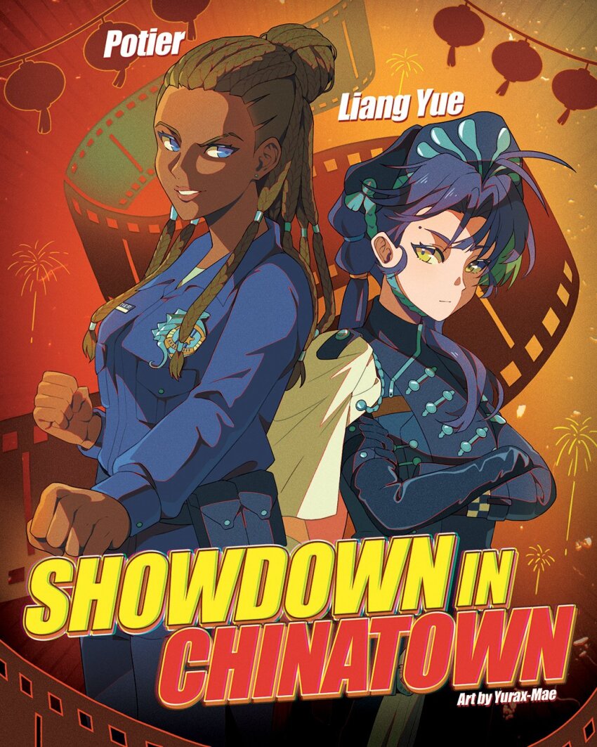 2girls, artist_name, beret, black_dress, black_gloves, black_hat, blue_eyes, blue_shirt