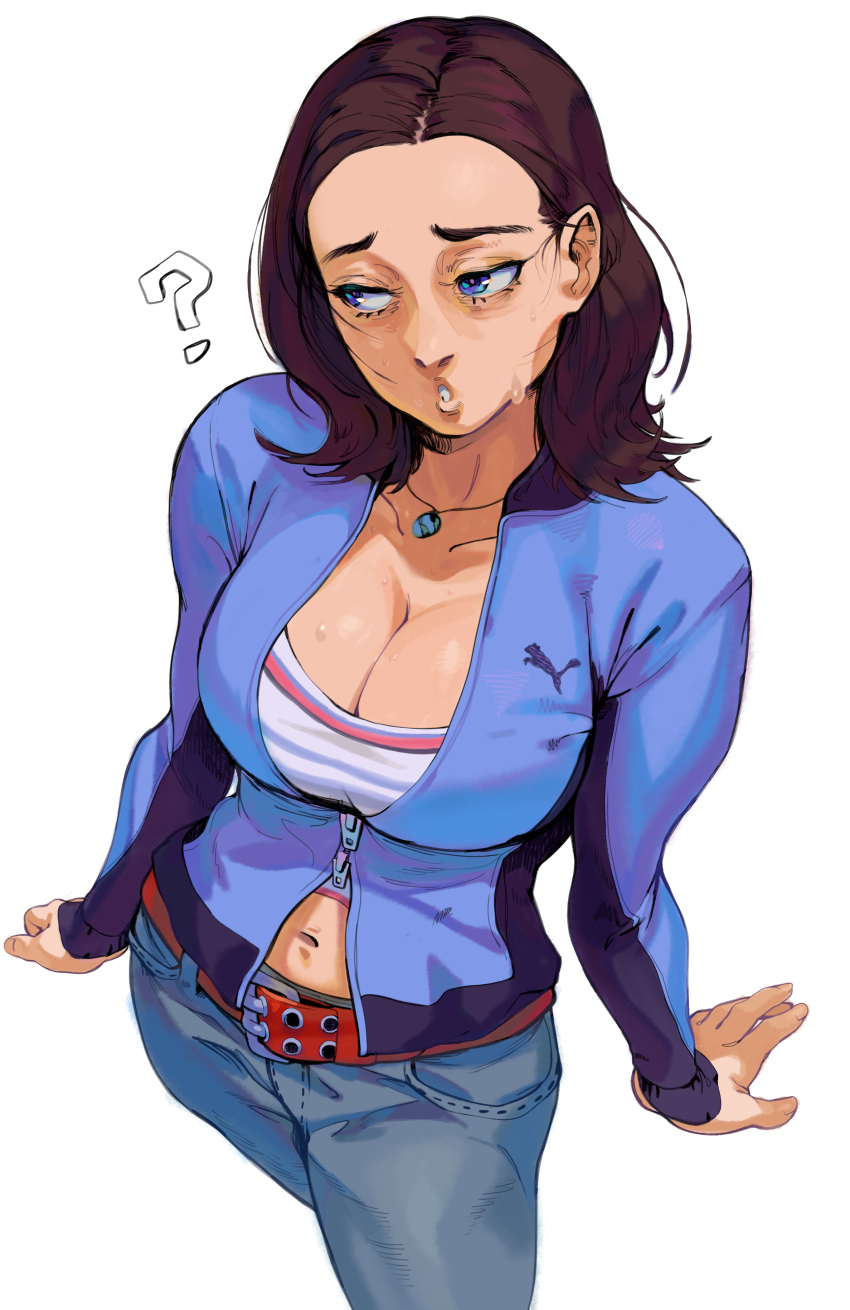 1girl, ?, absurdres, belt, blue_eyes, breasts, brown_hair, cleavage, denim, final_destination_(movie), highres, jacket, jeans, jewelry, kimberly_corman, navel, necklace, pants, relusionh, solo, solo_focus, warner_bros., white_background