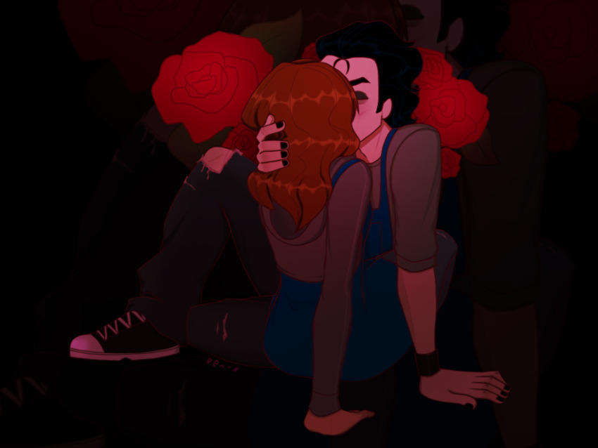 1boy, 1girl, apron, black_hair, black_nails, blue_apron, couple, denim