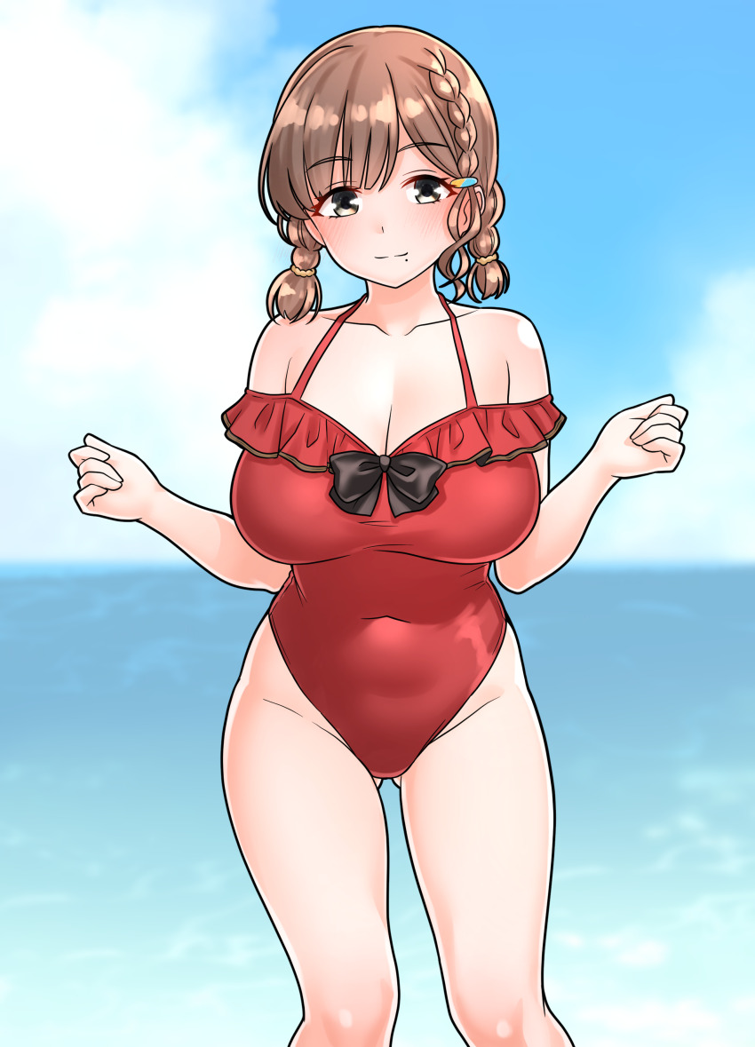 1girl, absurdres, asahi_(kancolle), asahi_(swimsuit)_(kancolle), blue_sky, braid, breasts, brown_hair