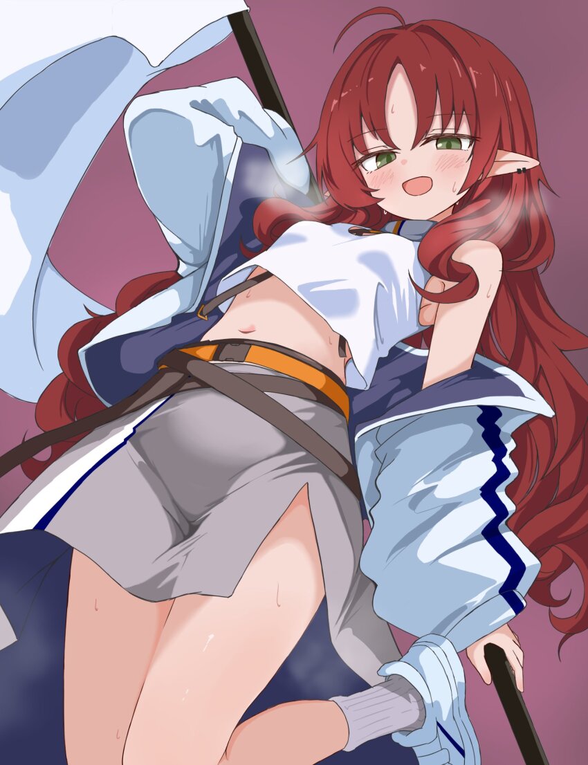 ahoge, arknights, armpits, bare_legs, belt, blush, breasts, brown_skirt