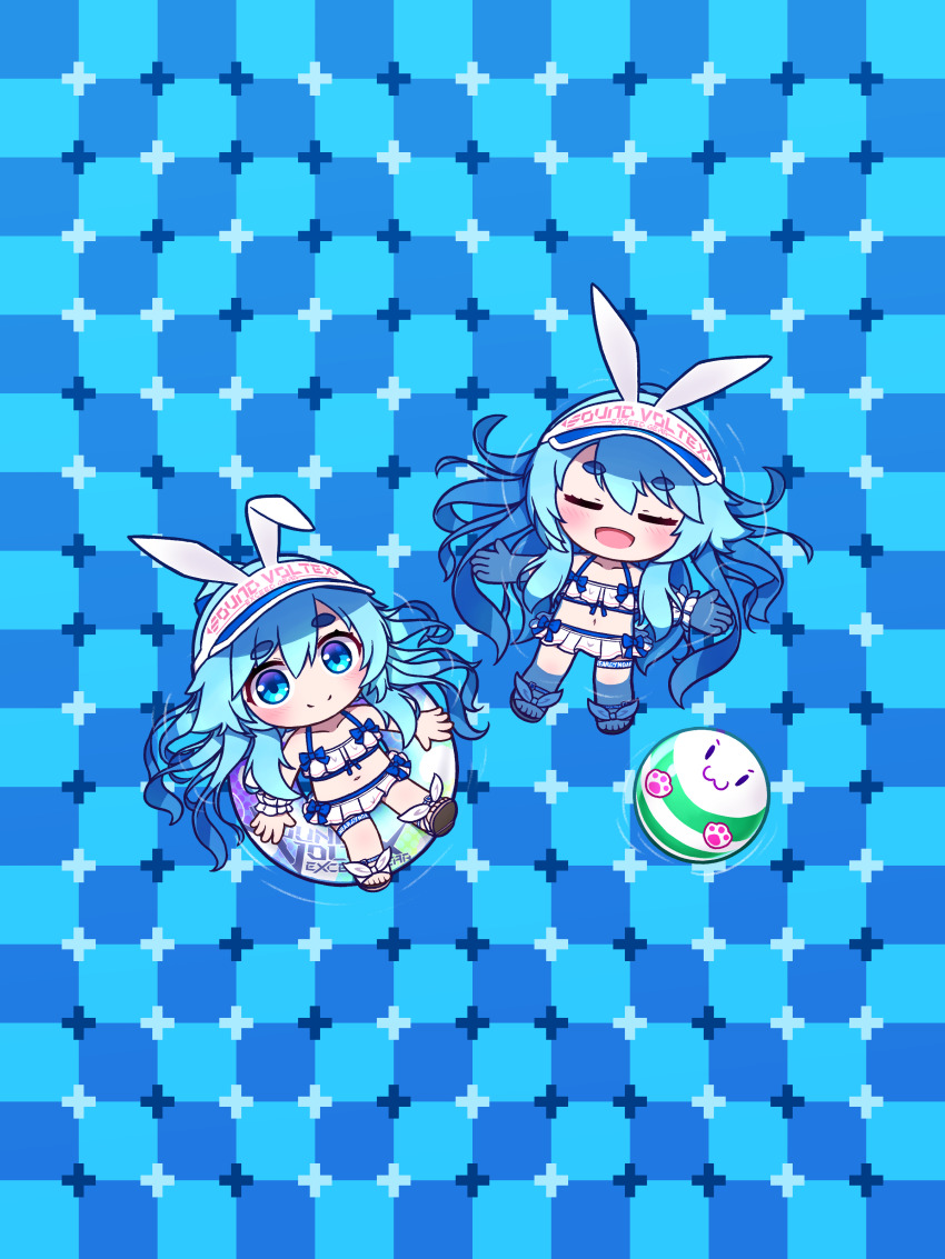 2girls, absurdres, animal_ears, barid_(rlackdgur98), bemani, bikini, blue_eyes, blue_hair, closed_eyes, closed_mouth, commentary, fake_animal_ears, highres, long_hair, multiple_girls, navel, near_(sound_voltex), noah_(sound_voltex), open_mouth, optical_illusion, primrose_field_illusion, siblings, sisters, smile, sound_voltex, swimsuit, untranslatable_commentary, twins, white_bikini