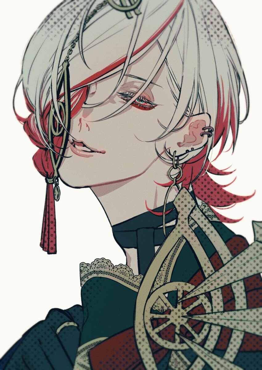 1boy, blue_eyes, earrings, eyeshadow, eyeshadow_under_eye, fate/grand_order, fate_(series), hair_ornament