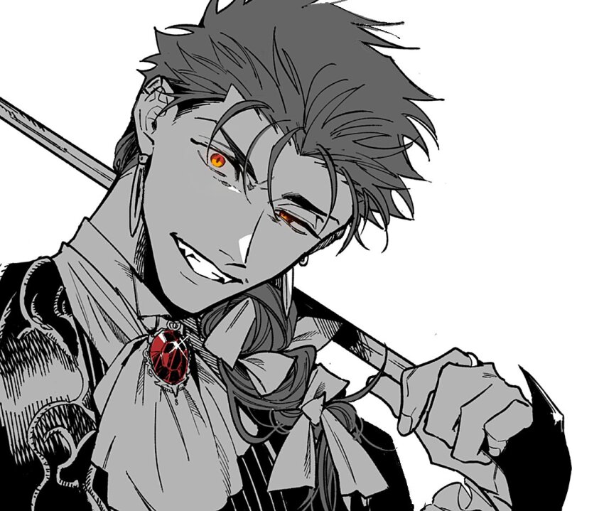 1boy, ascot, braid, braided_ponytail, brooch, cane, cu_chulainn_(caster)_(fate), cu_chulainn_(celebratory_attire)_(fate), cu_chulainn_(fate), earrings, fang, fate/grand_order, fate_(series), greyscale, hair_ribbon, holding, holding_cane, jewelry, long_hair, looking_at_viewer, male_focus, maripaka, monochrome, orange_eyes, ribbon, simple_background, single_braid, smile, solo, spot_color, uneven_eyes, white_background