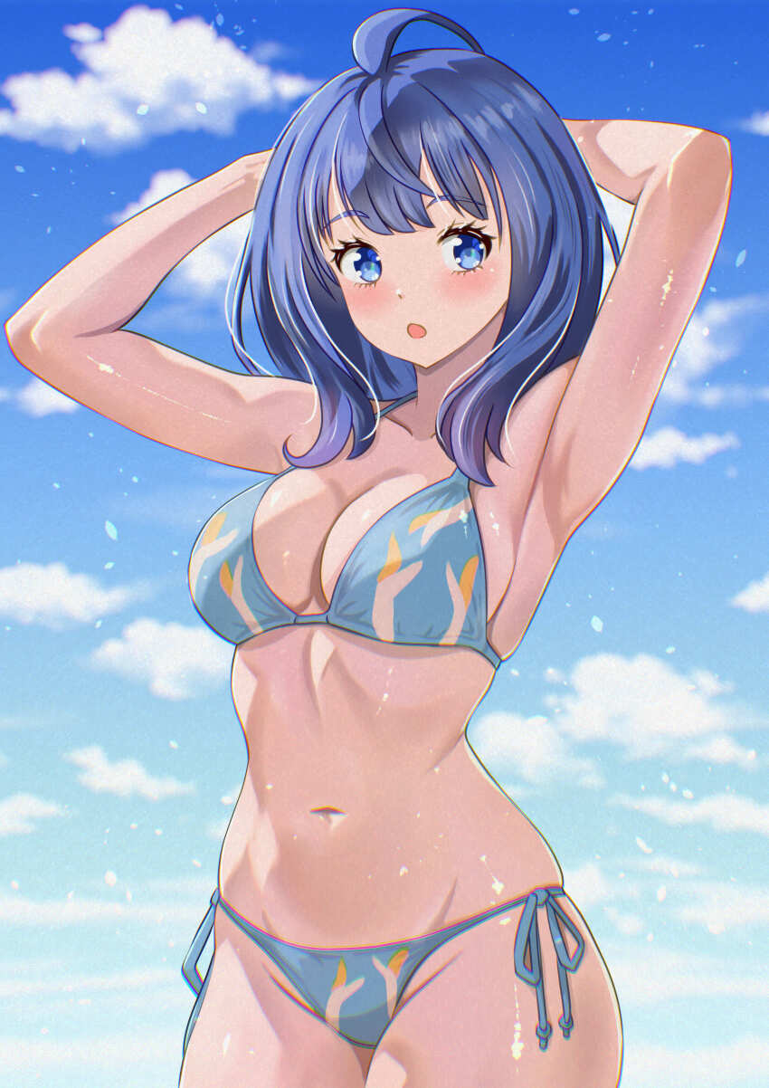 1girl, :o, absurdres, armpits, arms_behind_head, bikini, blue_bikini, blue_eyes