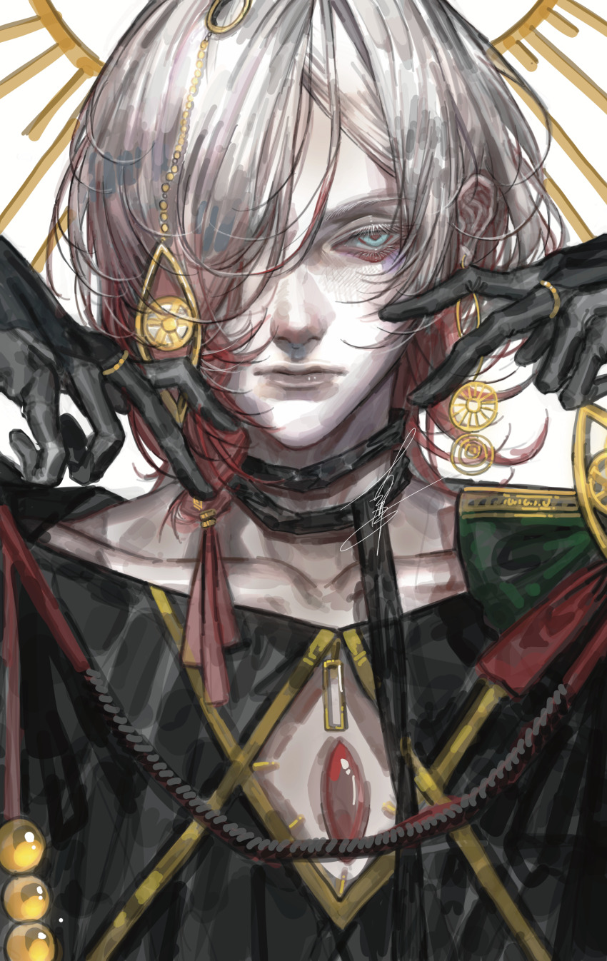 1boy, absurdres, blue_eyes, chest_jewel, damabengba, earrings, eyeshadow, eyeshadow_under_eye, fate/grand_order, fate_(series), gradient_hair, hair_ornament, hair_over_one_eye, highres, jewelry, karna_(celebratory_attire)_(fate), looking_at_viewer, makeup, male_focus, medium_hair, multicolored_hair, pale_skin, red_eyeshadow, red_hair, ring, solo, upper_body, white_hair