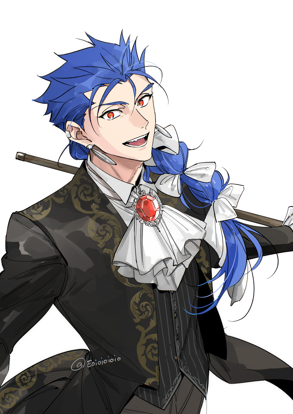 1boy, ascot, blue_hair, braid, braided_ponytail, brooch, cane, collared_shirt