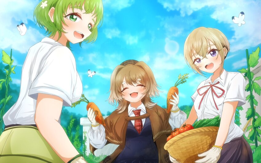 3girls, :3, :d, apron, basket, black_skirt, blonde_hair, blue_sky