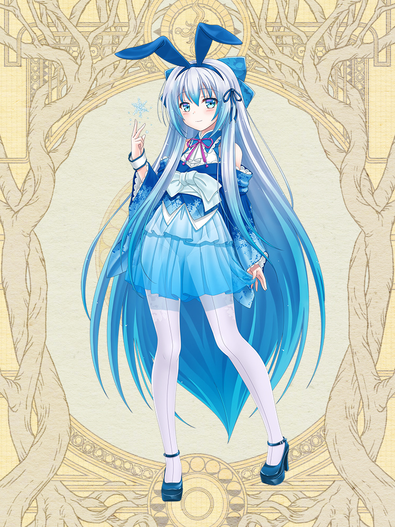 1girl, amarugi_sachi, animal_ears, blue_bow, blue_dress, blue_eyes, blue_hair, blush, bow, dairoku_ryouhei, dress, fake_animal_ears, full_body, gradient_hair, hair_bow, hand_up, high_heels, koizumi_ginka, multicolored_hair, pantyhose, snowflake_print, snowflakes, white_hair, white_pantyhose, yellow_background