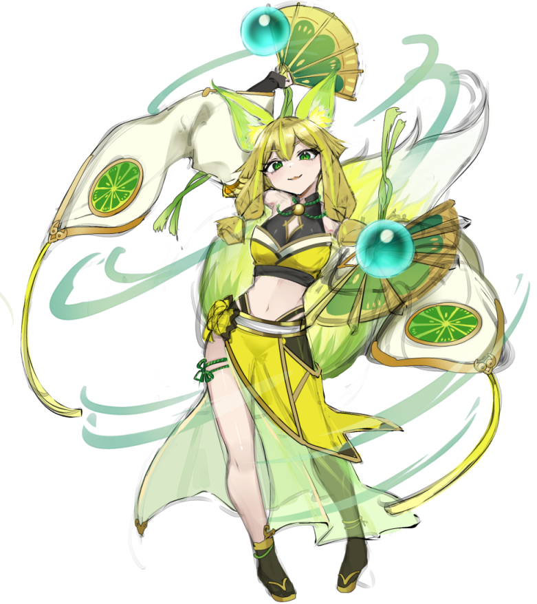 1girl, animal_ears, asymmetrical_legwear, blonde_hair, blunt_sidelocks, breasts, bridal_gauntlets, crow_amiheart, detached_sleeves, duel_monster, fox_ears, fox_girl, fox_tail, full_body, green_eyes, hand_fan, holding, holding_fan, hu-li_the_jewel_mikanko, japanese_clothes, long_sleeves, looking_at_viewer, medium_breasts, navel, nontraditional_miko, open_mouth, sidelocks, simple_background, smile, solo, stomach, tail, white_background, wide_sleeves, yu-gi-oh!