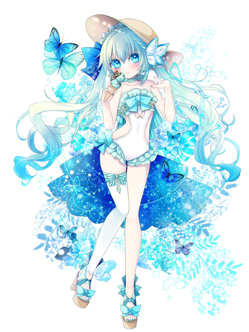 1girl, blue_bow, blue_butterfly, blue_eyes, blue_nails, blush, bow, braid