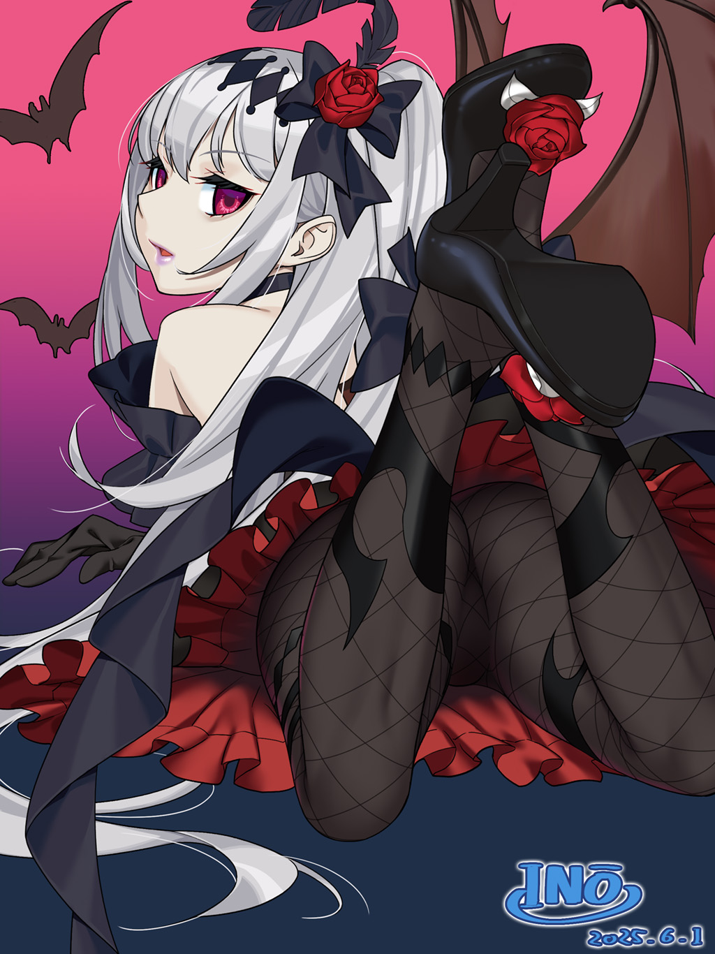 1girl, bare_shoulders, bat_(animal), bat_wings, black_boots, black_bow, black_gloves, boots