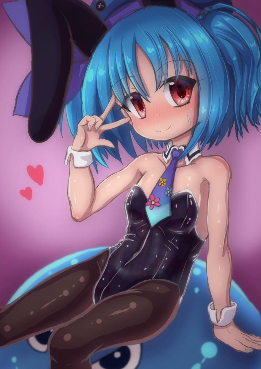1girl, bare_shoulders, black_pantyhose, blue_hair, blue_hat, blue_necktie, blush, breasts, emil_chronicle_online, hair_ornament, hat, highres, loli, looking_at_viewer, monster_girl, necktie, pantyhose, playboy_bunny, purple_ribbon, pururu_alma, rabbit_hair_ornament, red_eyes, ribbon, riding, rna0, slime_(creature), slime_girl, small_breasts, sweatdrop, twintails