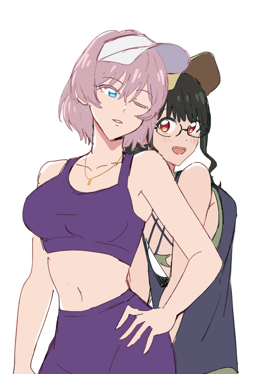 2girls, anosillus_ii, baseball_cap, bike_shorts, black_hair, blue_eyes, breasts, crop_top