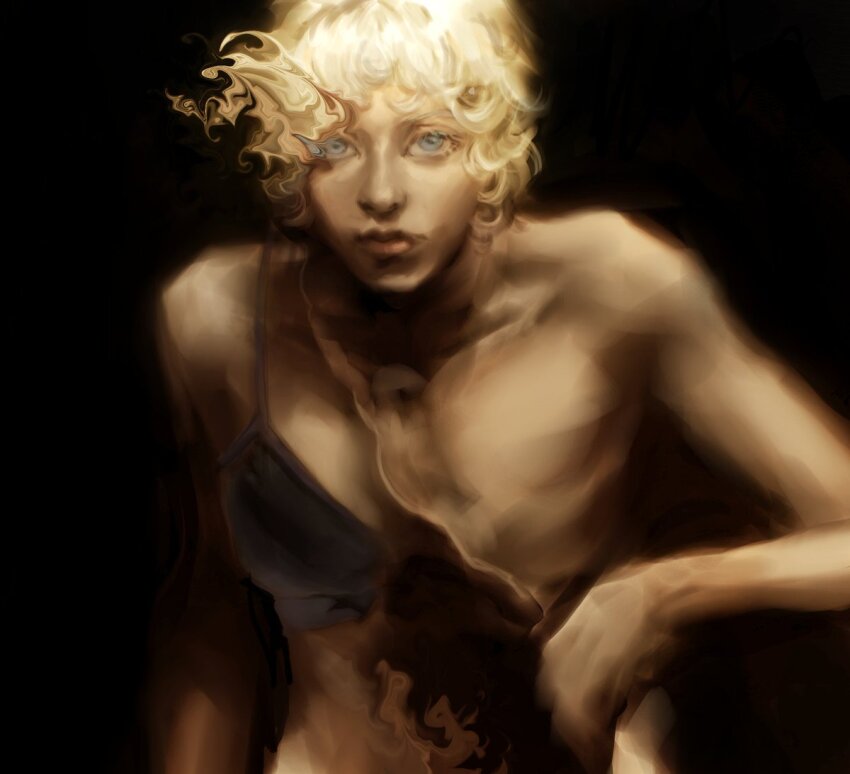 1girl, black_blood, bleeding, blonde_hair, blood, blue_eyes, glowing, glowing_hair