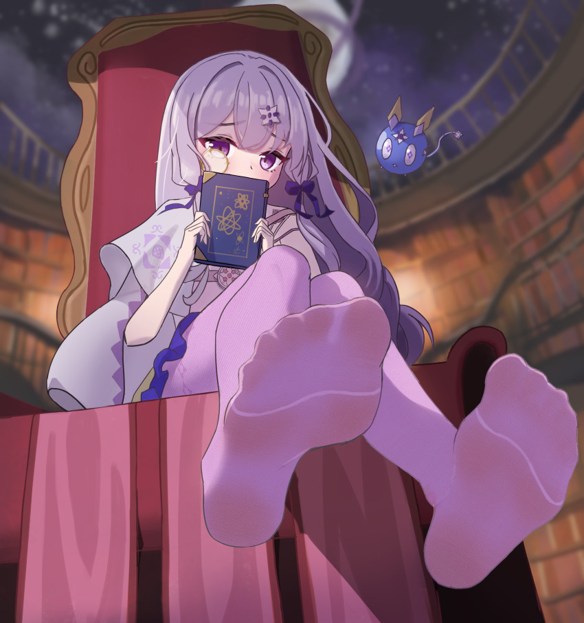 1girl, absurdres, arcaea, bare_shoulders, book, bow, braid, charon_(arcaea), collar, dress, feet, hair_between_eyes, hair_ornament, highres, jacket, lagrange_(arcaea), long_hair, maigo_no_haien, monocle, pantyhose, purple_bow, purple_eyes, purple_hair, purple_pantyhose, shy, sidelocks, single_braid, solo, twintails, white_jacket, yellow_dress