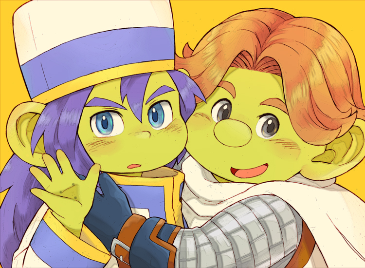 2boys, aqua_gloves, armor, blue_eyes, blue_hair, blue_trim, cape, character_request, cheek-to-cheek, colored_skin, commentary_request, dragon_quest, dragon_quest_x, duura_(dq10), gloves, green_skin, grey_eyes, hat, heads_together, hijirino_yuuta, hug, large_ears, long_hair, looking_at_viewer, male_focus, multiple_boys, open_mouth, orange_hair, parted_hair, robe, smile, upper_body, waving, white_cape, white_robe, yellow_background, yellow_trim