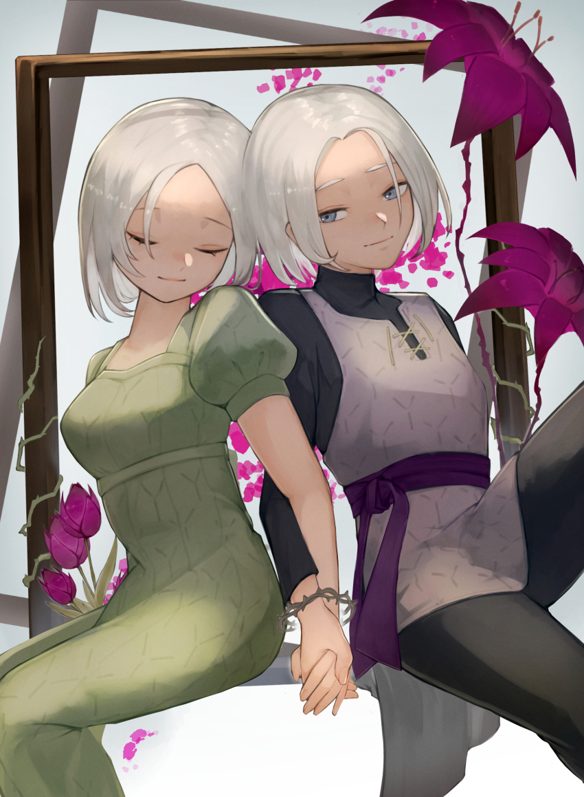 1boy, 1girl, absurdres, banno_watari, black_bodysuit, blue_eyes, bodysuit, bracelet