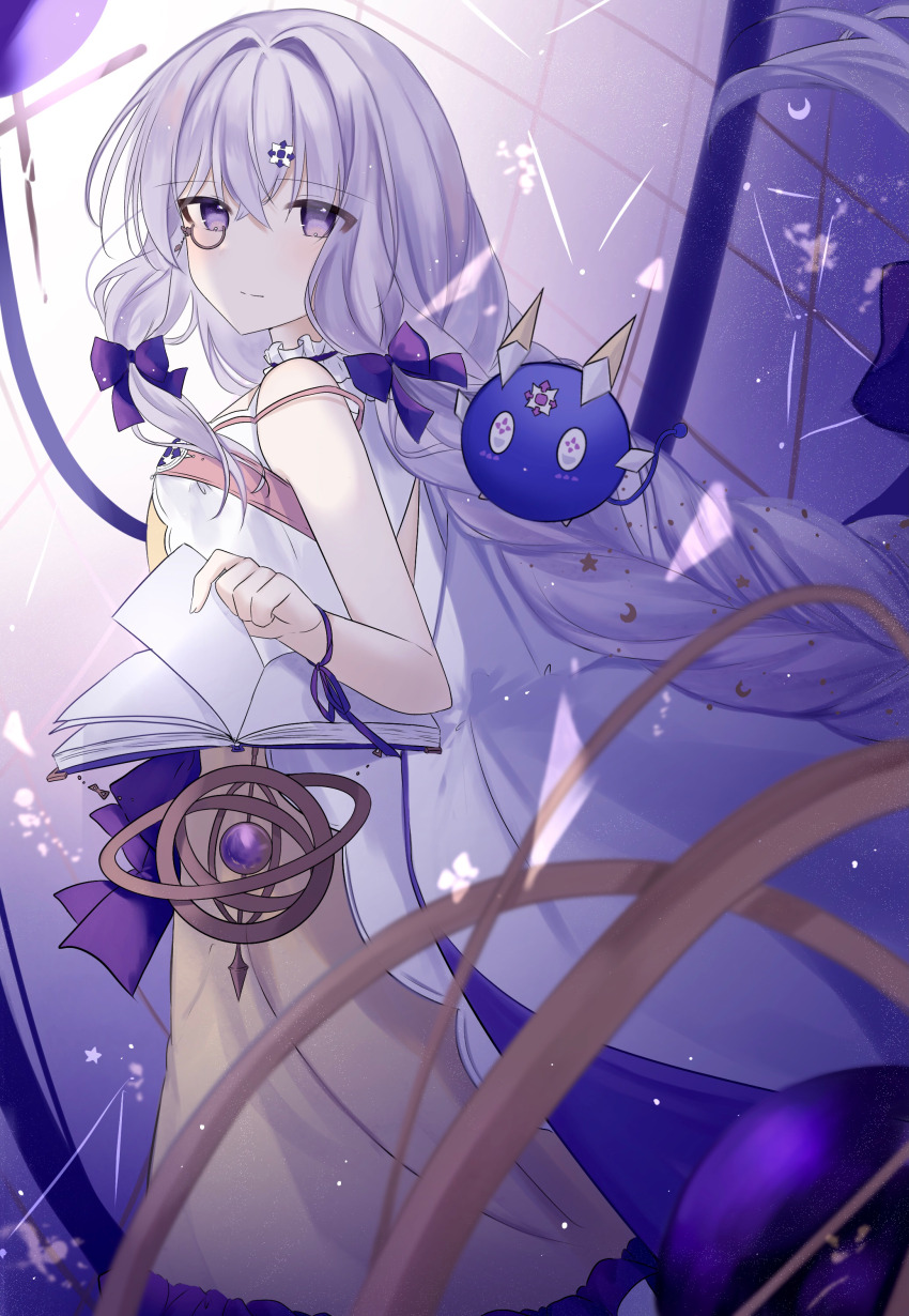 1girl, absurdres, arcaea, bare_shoulders, book, bow, braid, charon_(arcaea)