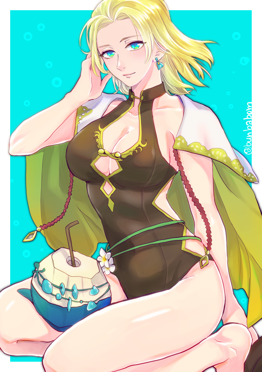 1girl, adjusting_hair, bare_legs, blonde_hair, blue_eyes, breasts, brown_one-piece_swimsuit, cape