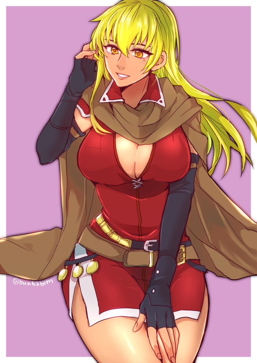 1girl, adjusting_hair, black_gloves, blonde_hair, breasts, brown_cape, cape, cleavage