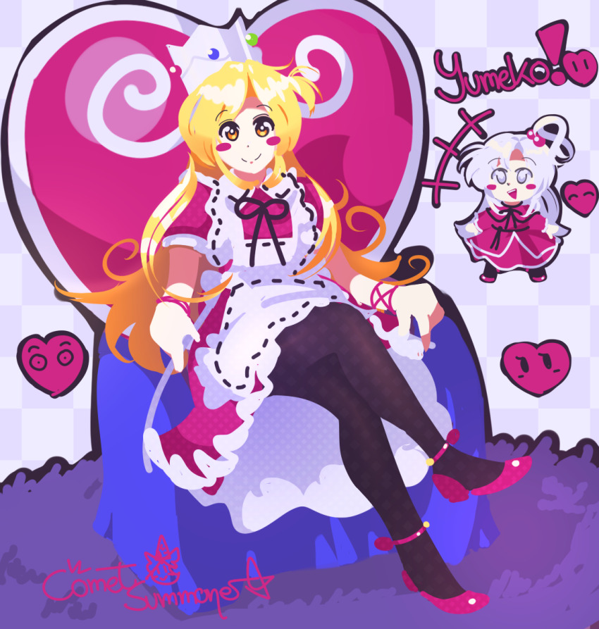 2girls, apron, artist_name, black_pantyhose, blonde_hair, blush, bow, breasts, capelet, chibi, comet_summoner98, cosplay, crown, deformed, dress, frills, grey_eyes, grey_hair, hair_bobbles, hair_ornament, heart, highres, long_hair, maid, maid_headdress, multiple_girls, on_throne, one_side_up, pantyhose, puffy_short_sleeves, puffy_sleeves, queen_of_hearts_(alice_in_wonderland), queen_of_hearts_(alice_in_wonderland)_(cosplay), red_dress, red_shoes, ribbon, shinki_(touhou), shoes, short_sleeves, sitting, smile, talking, throne, touhou, touhou_(pc-98), yellow_eyes, yumeko_(touhou)