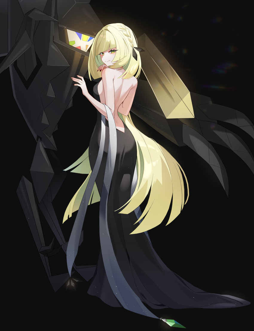 1girl, alternate_costume, black_background, black_nails, blonde_hair, braid, breasts, closed_mouth