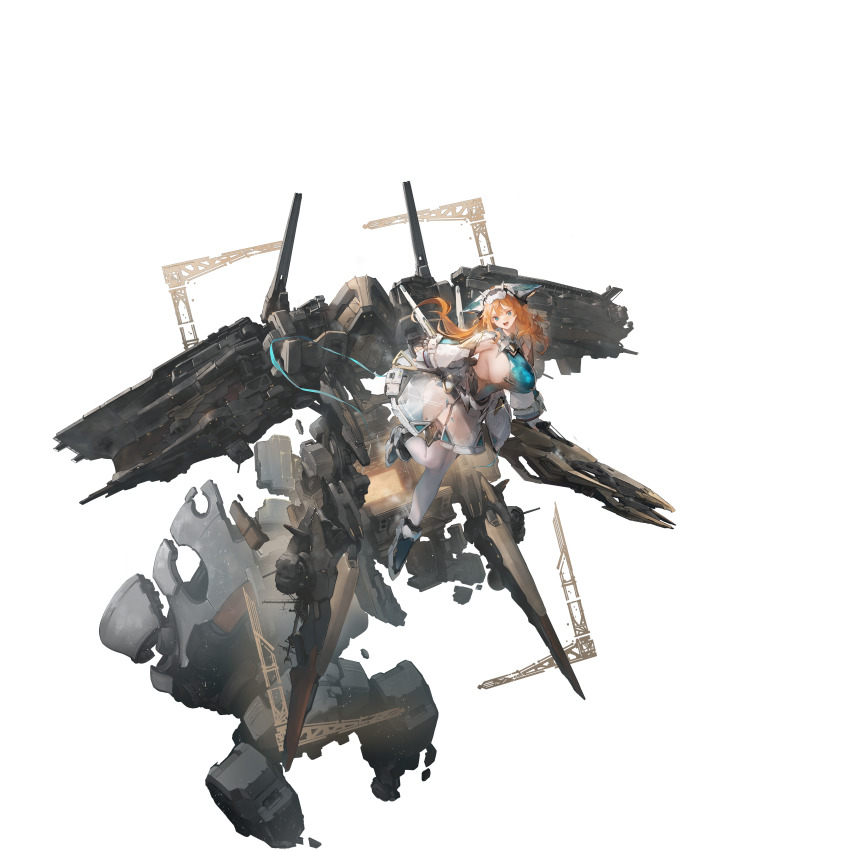 1girl, absurdres, aqua_dress, aqua_eyes, aqua_ribbon, aqua_shoes, artist_request, autocannon, bofors_40_mm_gun, breasts, cannon, detached_sleeves, dress, floating, full_body, headgear, highres, huge_breasts, looking_at_viewer, midway_(warship_girls_r), official_art, open_mouth, orange_hair, ribbon, rigging, see-through_clothes, see-through_skirt, shoes, sideboob, signal_flag, skirt, solo, thighhighs, warship_girls_r, white_thighhighs