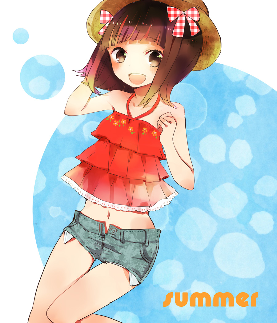 amami_haruka, brown_hair, casual, denim, denim_shorts, green_eyes, hat, idolmaster