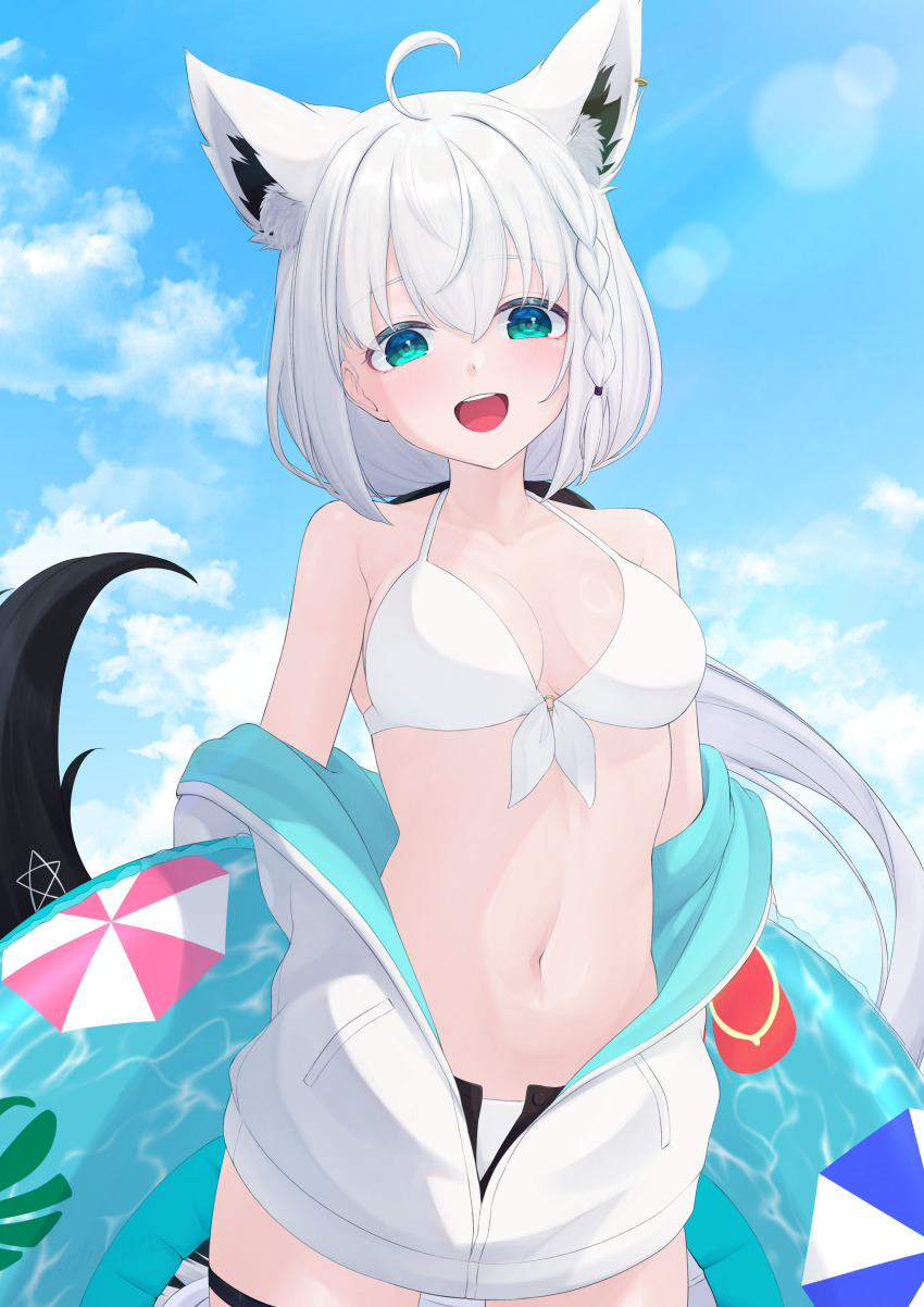 1girl, absurdres, ahoge, animal_ear_fluff, animal_ear_piercing, animal_ears, arms_behind_back, bikini