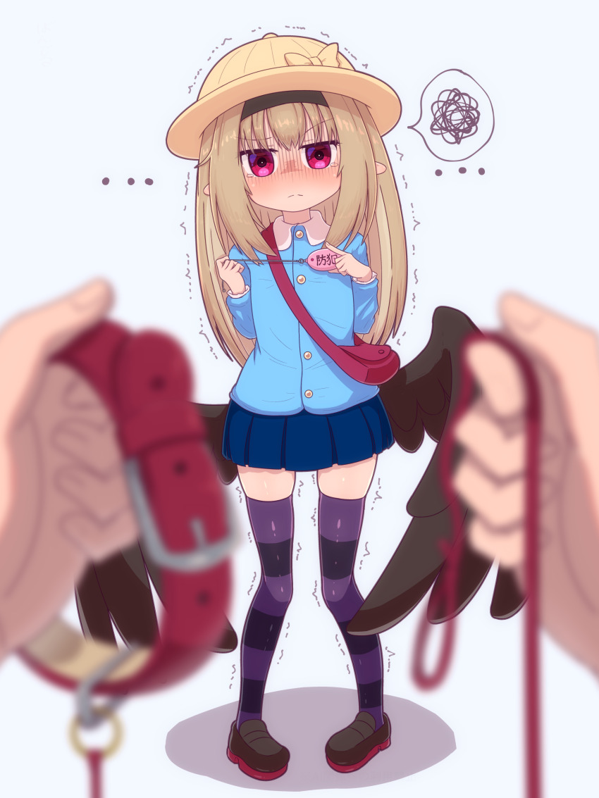 1boy, 1girl, absurdres, animal_collar, bag, black_boots, blonde_hair, blue_shirt