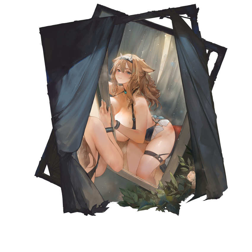 1girl, aqua_eyes, aqua_nails, aqua_one-piece_swimsuit, artist_request, blush, bracelet, breasts, choker, closed_mouth, feet_out_of_frame, from_behind, hair_between_eyes, hair_flaps, highres, huge_breasts, jewelry, long_hair, looking_at_viewer, midway_(warship_girls_r), mirror, official_alternate_costume, official_art, one-piece_swimsuit, orange_hair, reflection, solo, swimsuit, thigh_strap, warship_girls_r