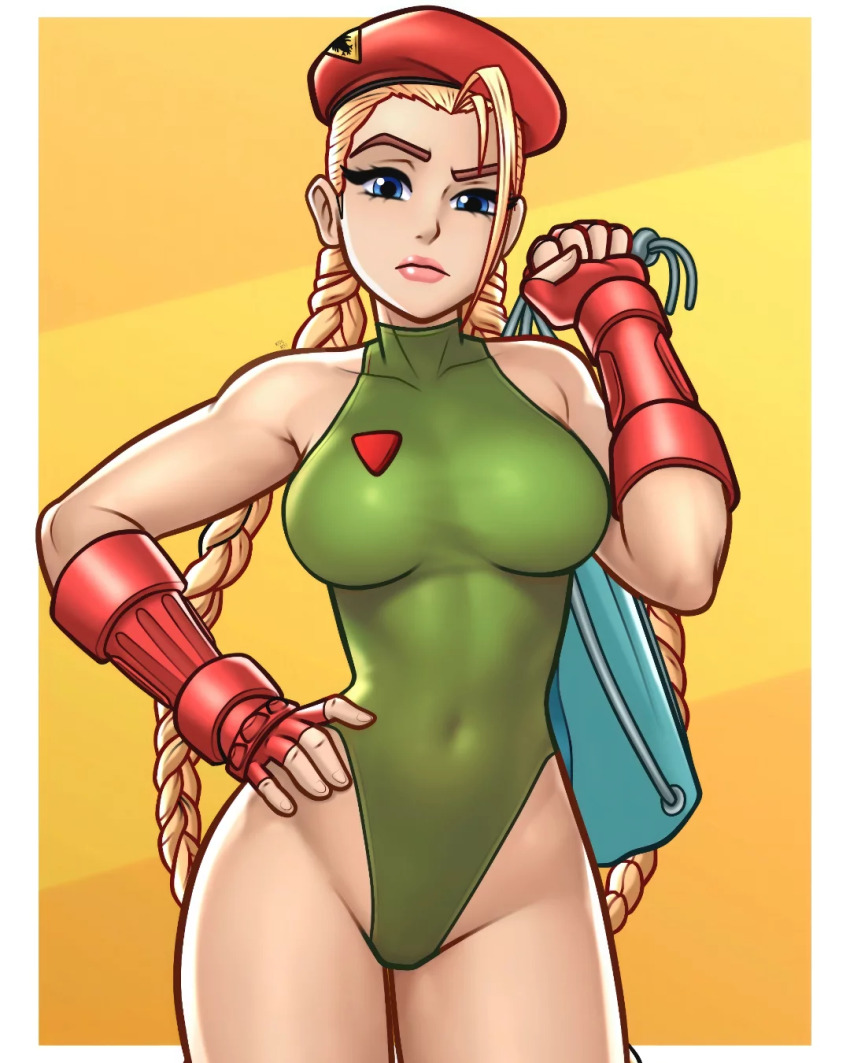 1girl, bag, bare_shoulders, blonde_hair, blue_eyes, braid, breasts, cammy_white