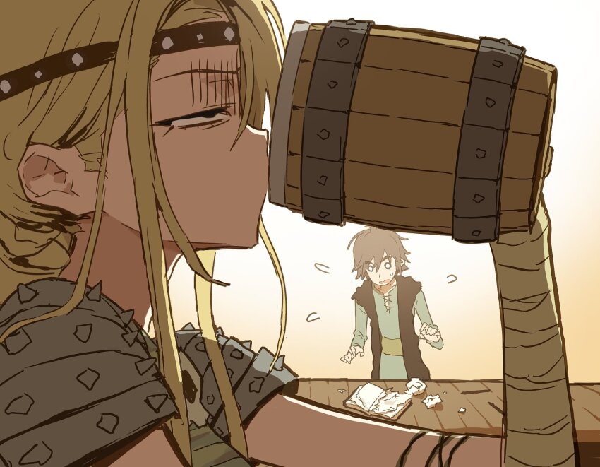 1boy, 1girl, alcohol, armor, astrid_hofferson, beer_mug, blonde_hair, brown_hair, circlet, cup, drinking, gradient_background, hiccup_horrendous_haddock_iii, highres, how_to_train_your_dragon_(series), long_hair, looking_up, m_arijuan_a, medium_hair, mug, narrowed_eyes, open_mouth, orange_background, shoulder_armor, sketchbook, sweatdrop, table, torn_book, torn_paper, wavy_mouth, white_background, wooden_table
