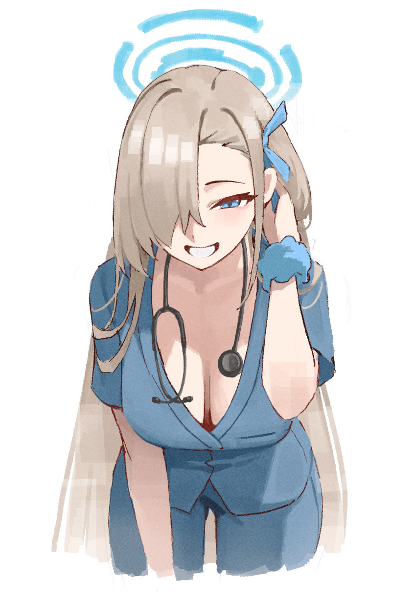 1girl, alternate_costume, asuna_(blue_archive), blue_archive, blue_eyes, blue_halo, blue_ribbon, blue_scrunchie