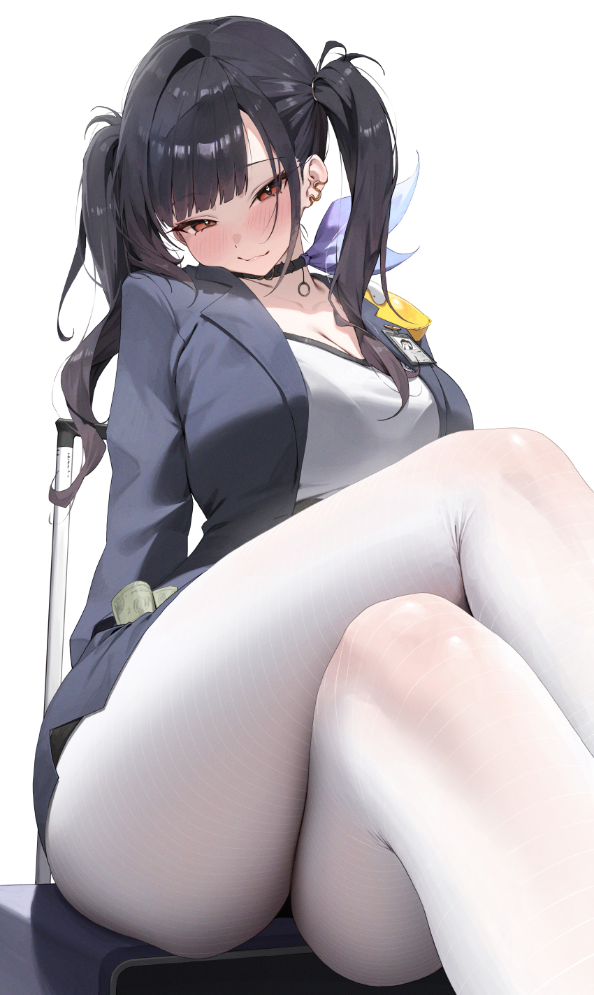 1girl, absurdres, black_choker, black_hair, blush, breasts, choker, cleavage, closed_mouth, collarbone, commentary, crossed_legs, goddess_of_victory:_nikke, highres, jacket, jewelry, large_breasts, long_hair, looking_at_viewer, nikku_nana, on_suitcase, open_clothes, open_jacket, pantyhose, red_eyes, shirt, simple_background, sitting, skirt, smile, solo, sora_(nikke), suitcase, untranslatable_commentary, twintails, white_background, white_pantyhose, white_shirt