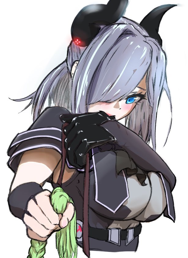 2girls, ascot, assault_lily, belt, biting, biting_glove, black_ascot, black_belt, black_gloves, black_horns, black_shirt, blue_eyes, blush, braid, breasts, covered_mouth, cropped_torso, demon_horns, detached_sleeves, fingernails, gloves, green_hair, grey_hair, grey_shirt, h_popowa, hair_over_one_eye, half_updo, hands_up, high-waist_belt, holding_another's_hair, horns, large_breasts, looking_at_viewer, medium_hair, multiple_girls, murakami_tokiwa, one_eye_covered, out_of_frame, sekino_youko, shirt, short_sleeves, simple_background, single_glove, solo_focus, two-tone_shirt, upper_body, white_background