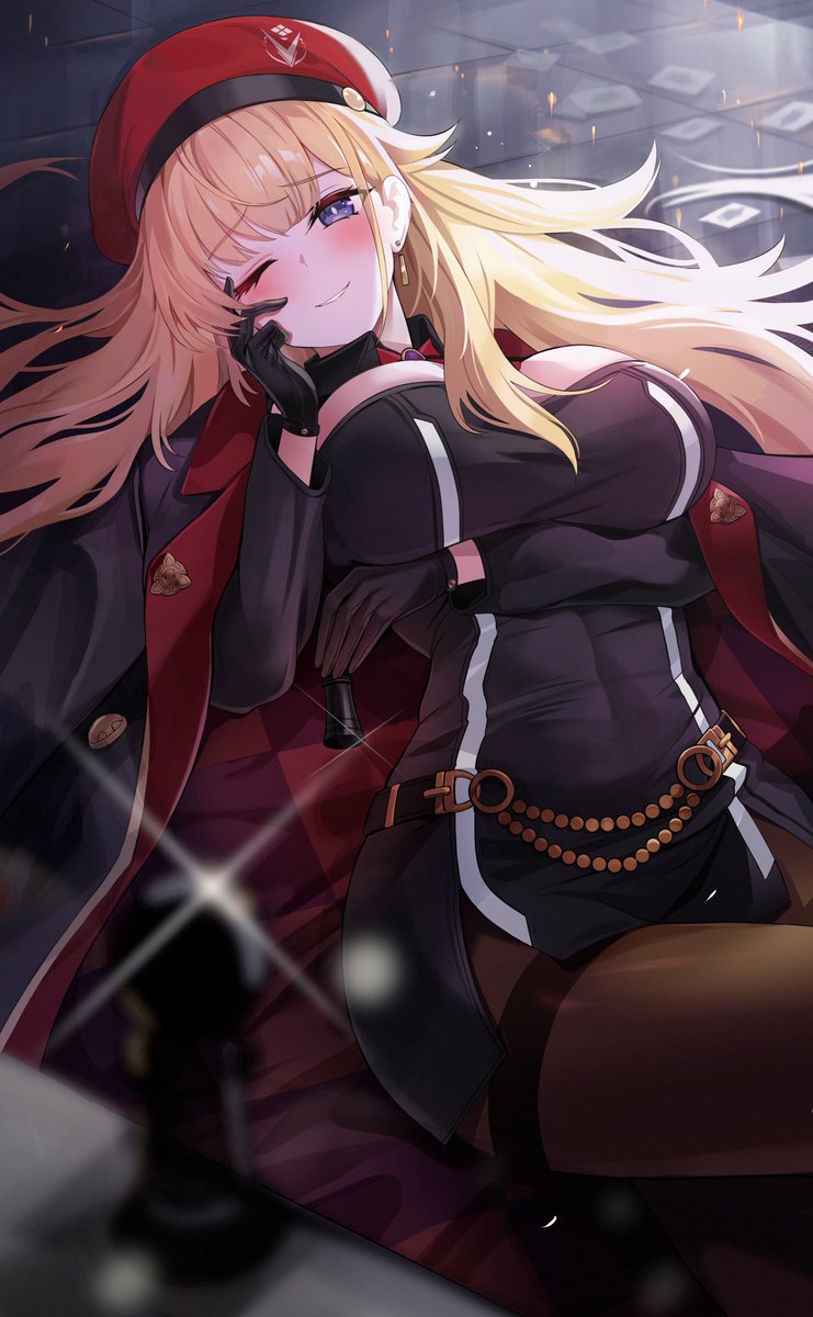 1girl, ;), arm_under_breasts, beret, black_coat, black_dress, black_gloves, blonde_hair