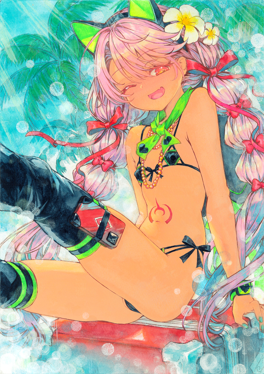 1girl, :d, animal_ears, arm_support, bare_arms, bare_legs, bare_shoulders, bead_bracelet